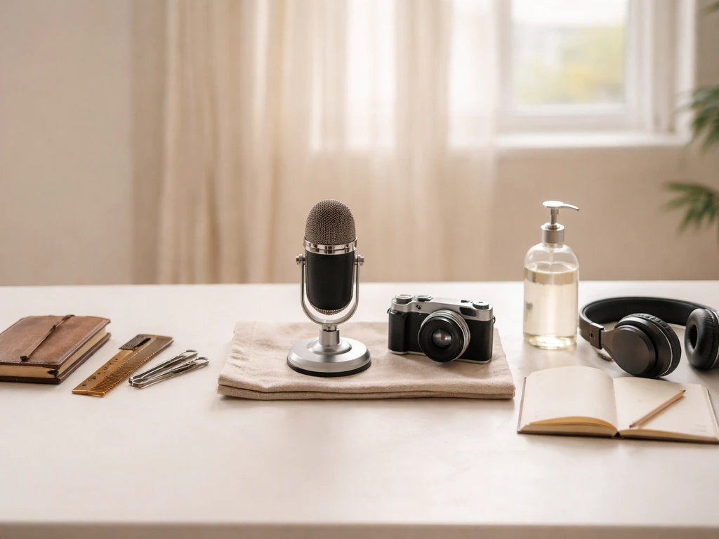 Minimal staged timeline on a table: vintage salon tools, then startup tech, then modern product and study items.