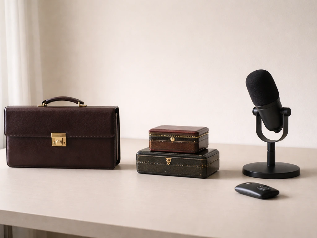 Minimal desk scene with three objects symbolizing brand, family wealth, and owner stakes.