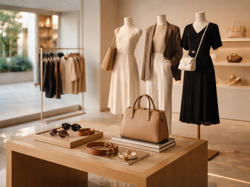 Luxury fashion boutique interior with arranged ready-to-wear outfits and accessories on display.