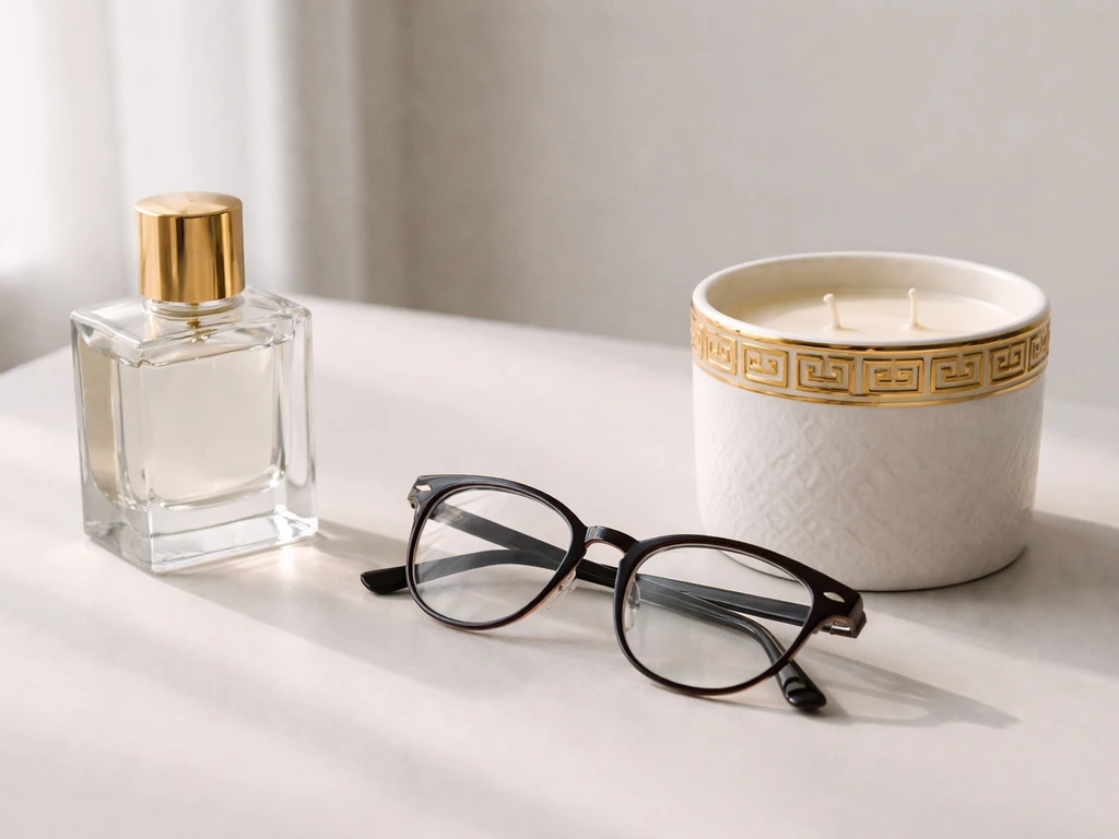 Luxury fragrance bottle, eyeglass frames, and a Greek-key home goods item on a light tabletop.
