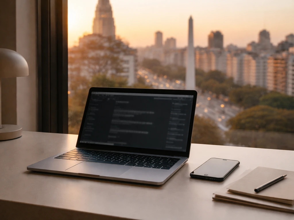 Minimal photo of a laptop and smartphone on a desk with Buenos Aires skyline view, symbolizing net worth analysis