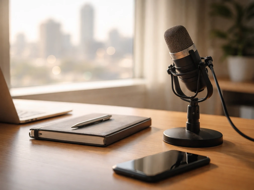 Modern office desk with a microphone and minimal business items, symbolizing media and profile research.