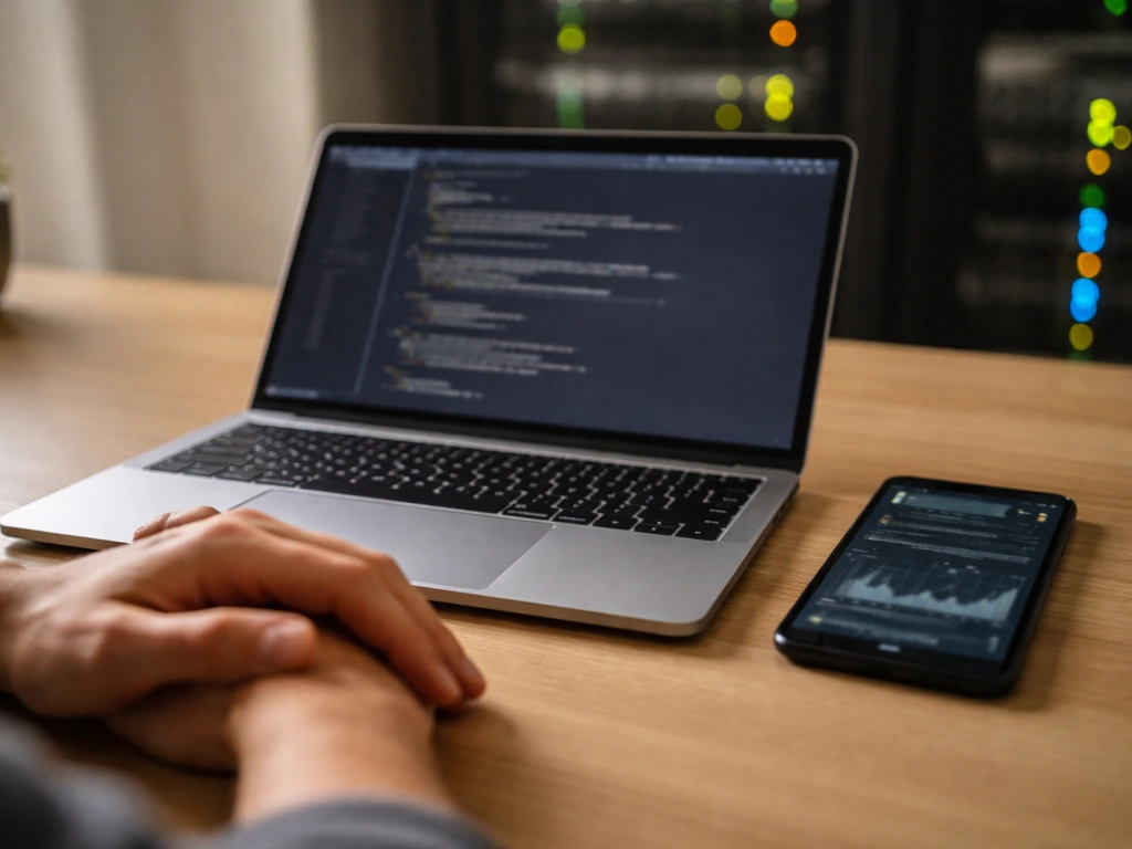 Minimal photo of a data-analytics themed desk setup with a laptop showing blurred code and a phone beside it