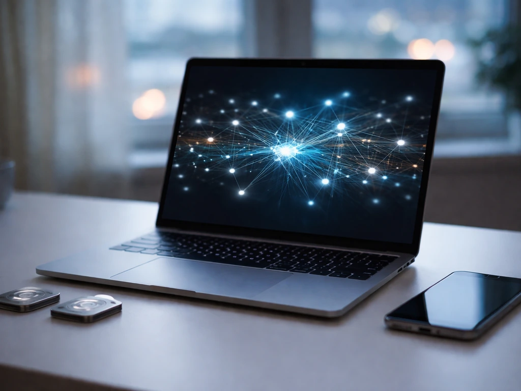 Minimal desk scene with a laptop showing abstract node connections and generic data-access tokens.