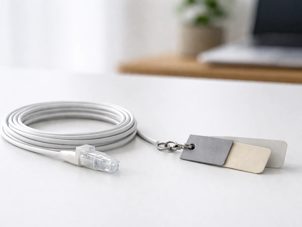 Minimal office desk scene with a small fiber-optic cable and an abstract trading-sale style transition symbol