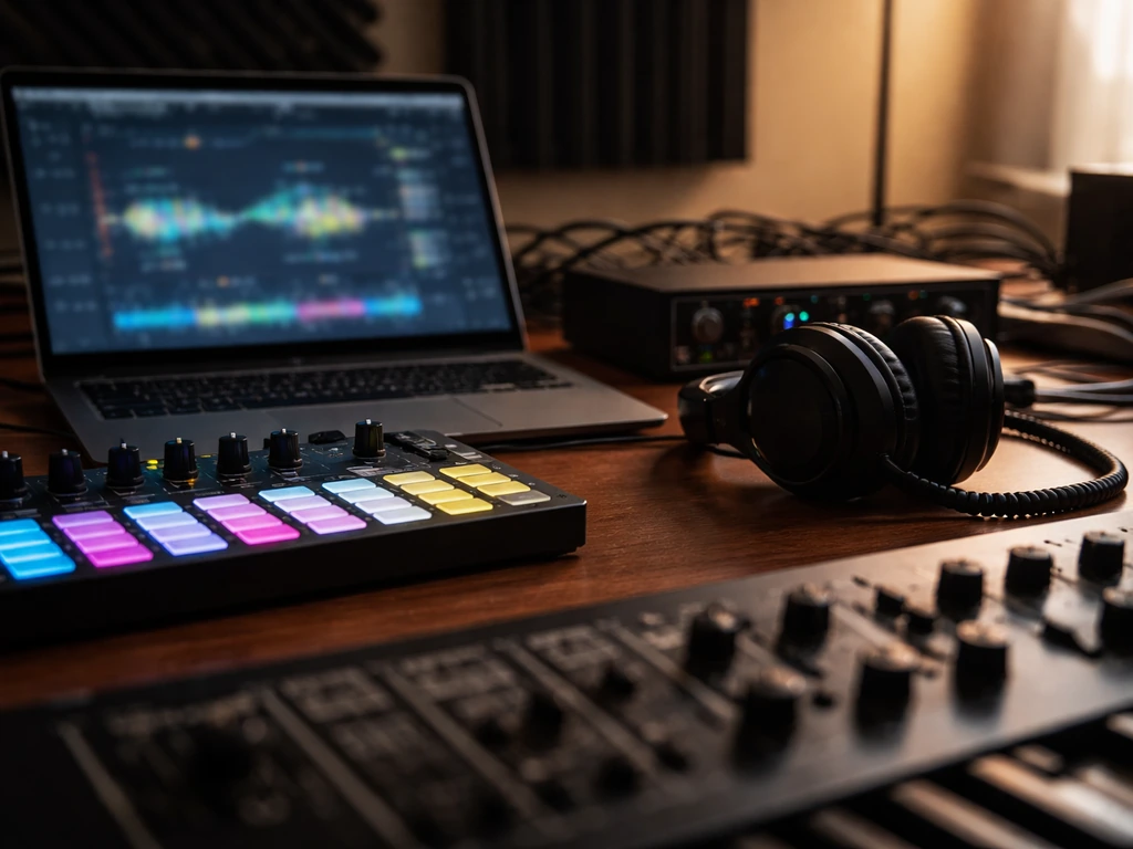 Close-up of music production gear in a quiet studio, suggesting early recording leading to later wealth building.