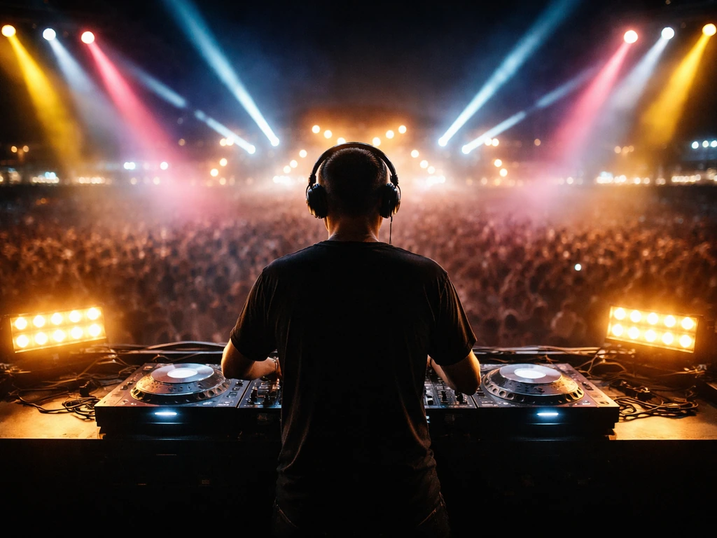 Avicii-style DJ performing at a large outdoor festival at night, wide shot with glowing booth lights.