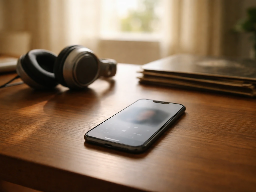 Smartphone, headphones, and vinyl records on a wooden desk in soft natural light, suggesting streaming royalties.