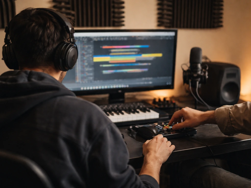 Anonymous producer in a minimal studio collaborating at a desk with headphones, mic, and DAW monitor glow.