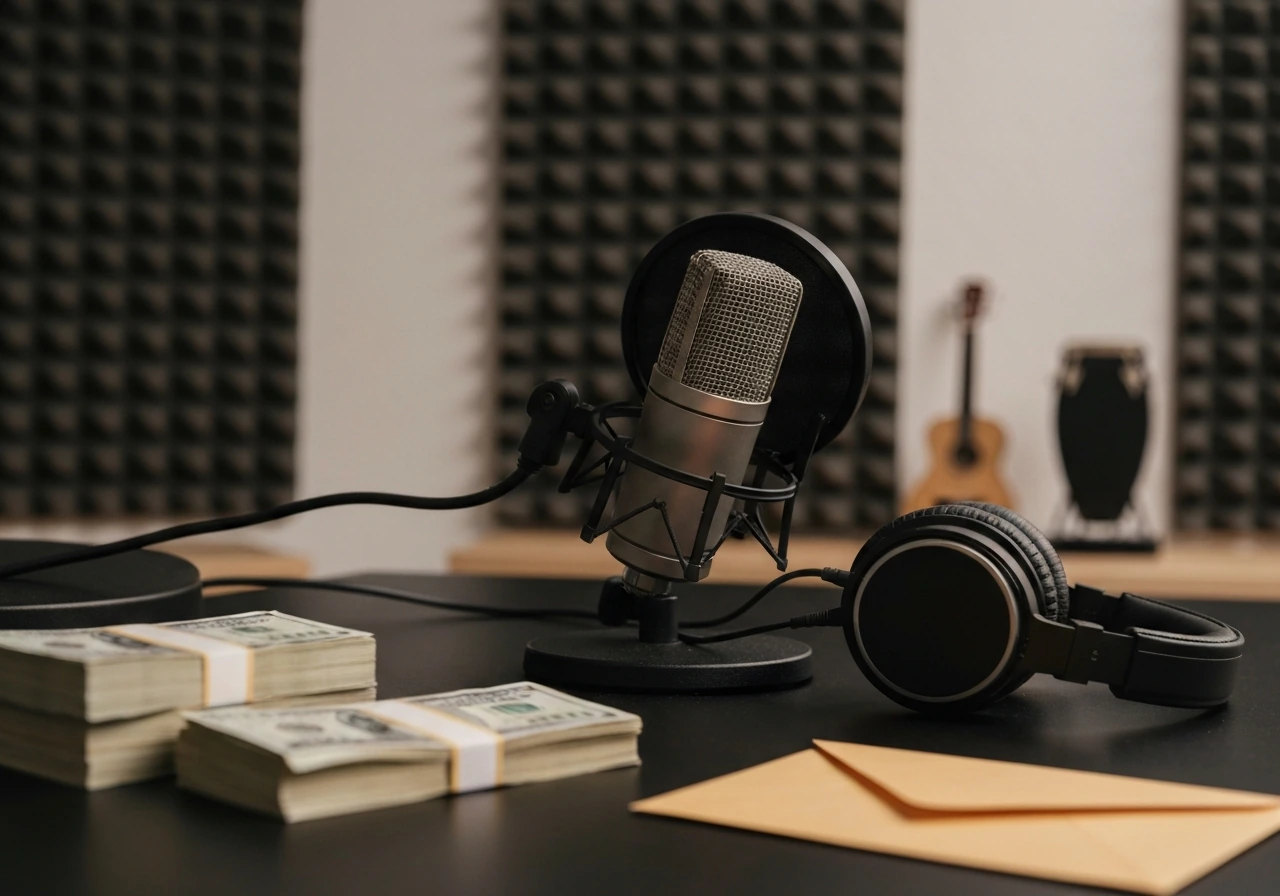 Studio microphone with headphones and subtle money cues, representing earnings verification without showing any person.