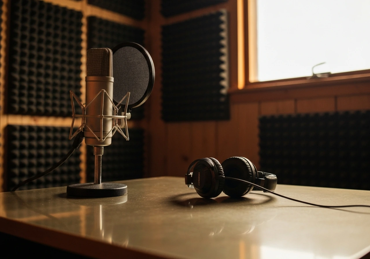 Minimal photo of a music studio workspace with studio microphone and reflective gold accents