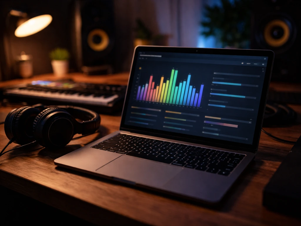 Close-up of a laptop with streaming analytics-style visual bars on a music media player, no text.