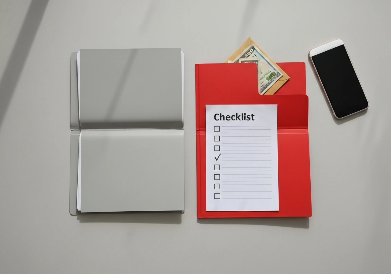 Overhead desk scene with folders, blank documents, and a checklist suggesting verifying net worth claims.