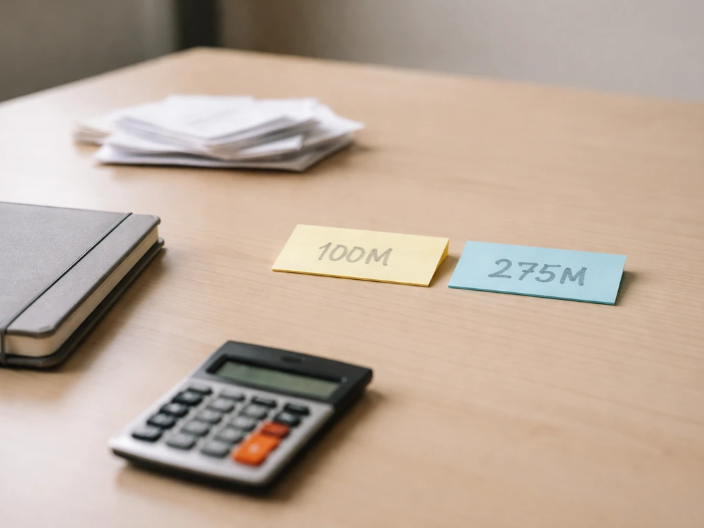 Two overlapping sticky-note style price tags on a desk next to a calculator and scattered receipts