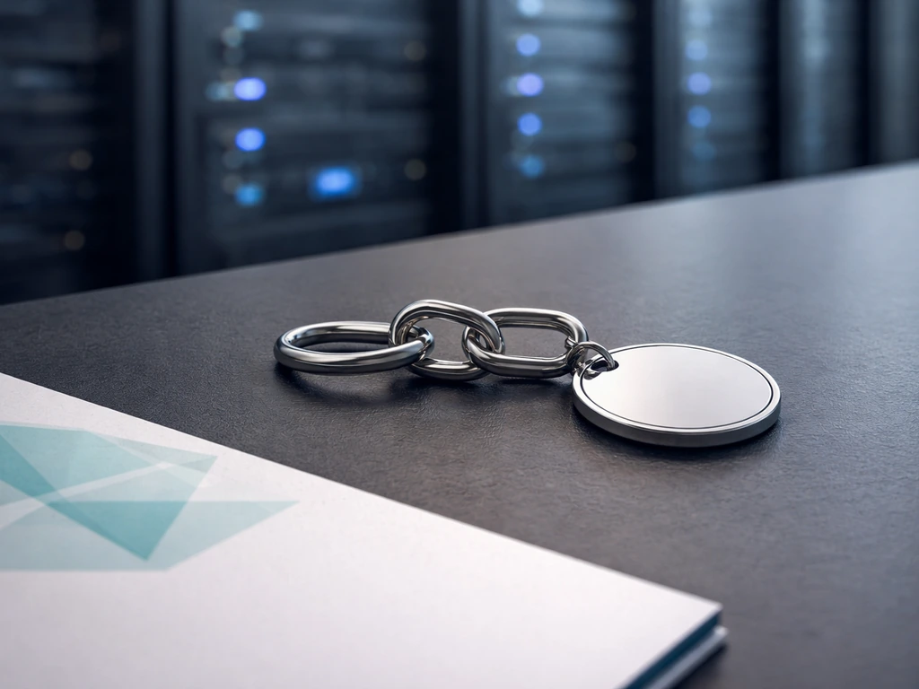 Linked metal equity token and keychain on a desk with a softly lit server room background.