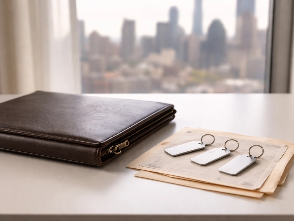 Office desk with a leather portfolio and three blank key tags suggesting prior career milestones.