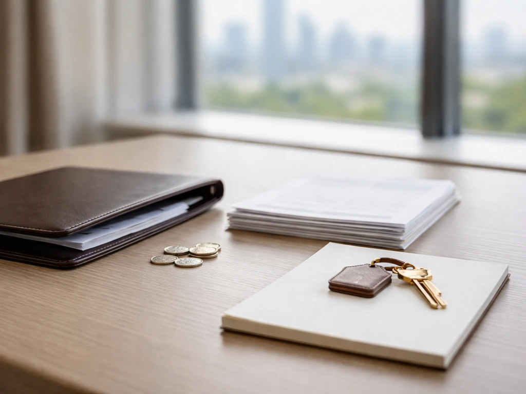 Minimal office desk scene with portfolio folder, blank documents, coins, and key fob suggesting an asset breakdown.