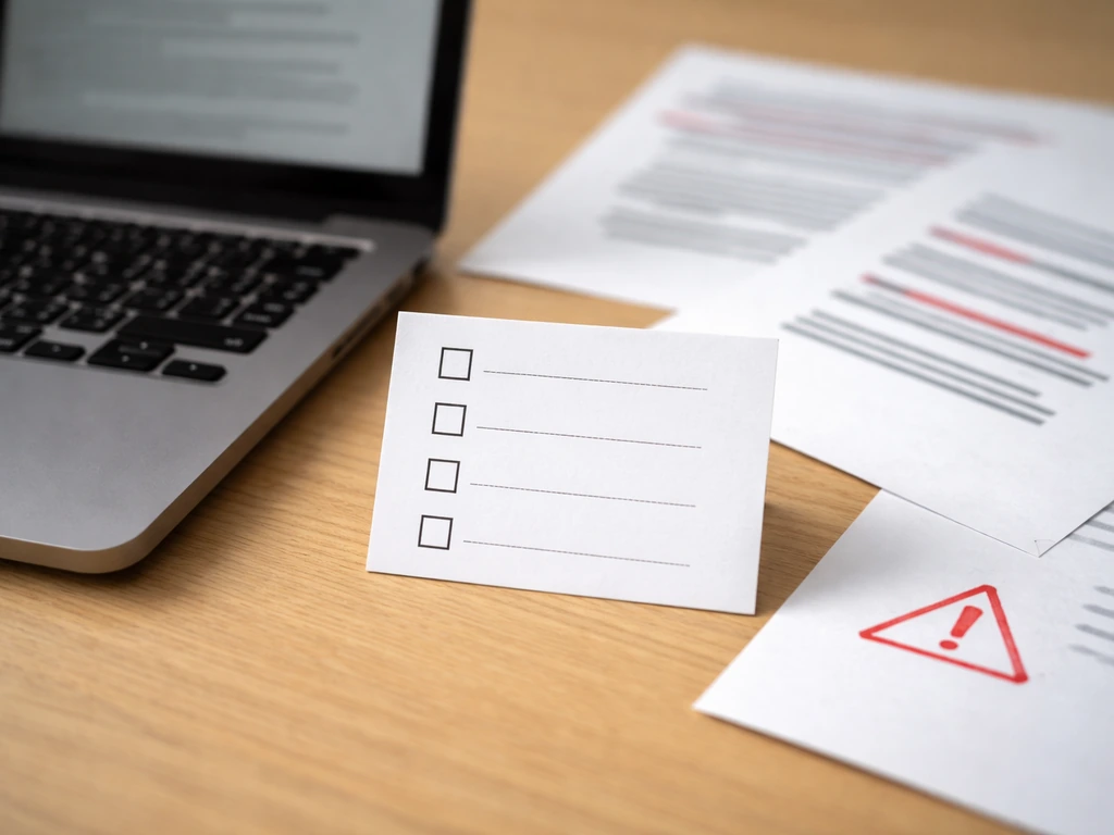 Close-up of a checklist-style warning card beside a laptop and scattered documents on a desk