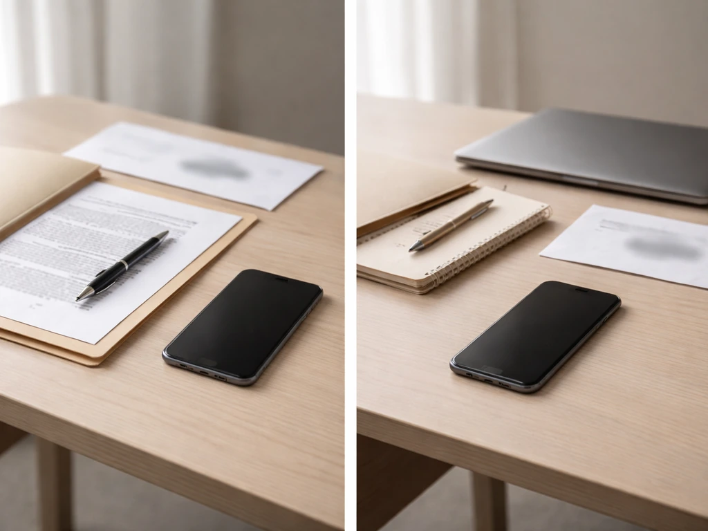 Two separate desk setups with documents and a smartphone for verifying identity details