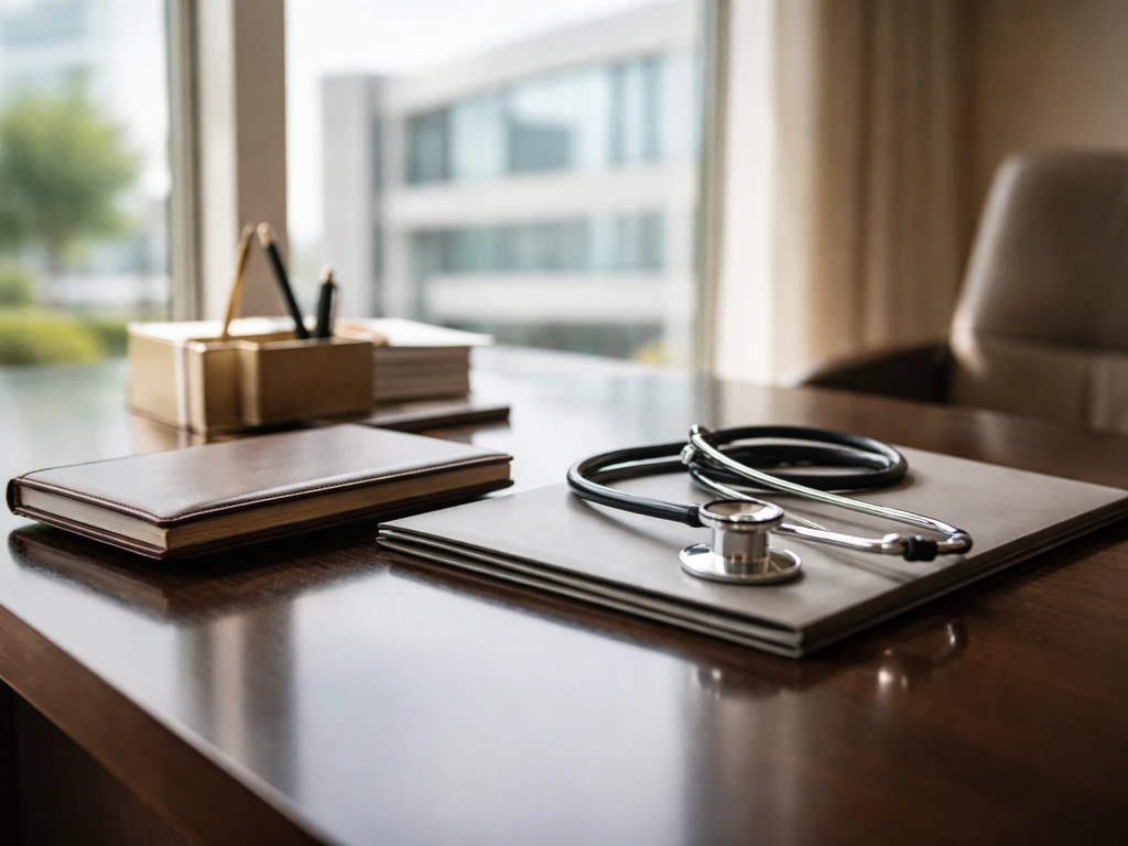 Quiet luxury office scene symbolizing an orthopaedic doctor’s public profile and estimated wealth.