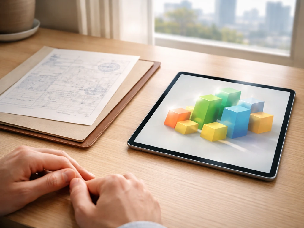 Minimal photo of a blank property deed folder beside a tablet with a simple abstract investment portfolio image