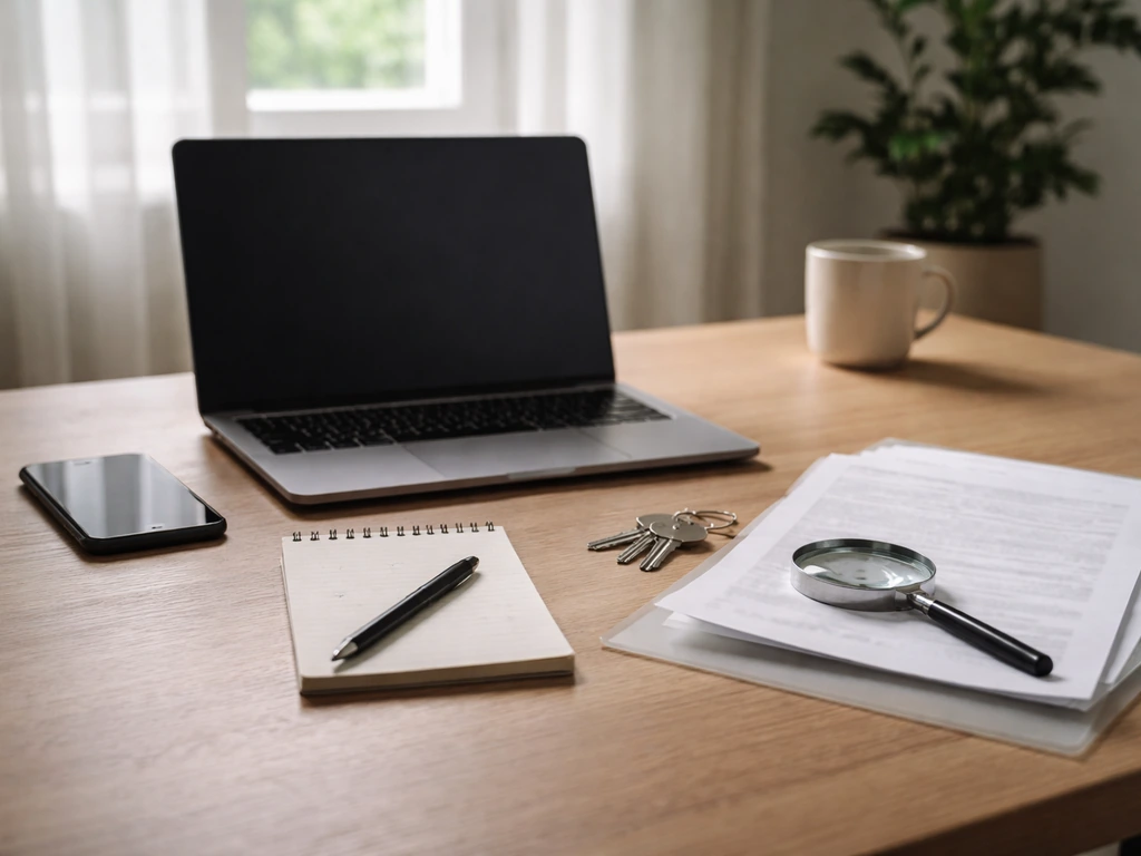 Minimal desk scene with documents, magnifying glass, and phone suggesting verifying public records for wealth.