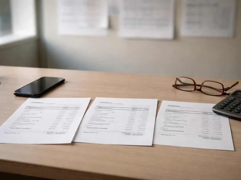 Minimal desk scene with multiple estimate printouts and a phone, symbolizing differing net worth reports.