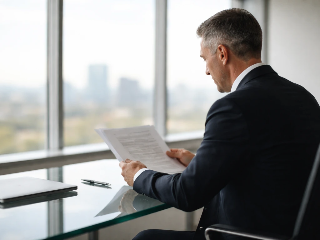 Anonymous executive in a modern office reviewing documents, leadership atmosphere with city window light.
