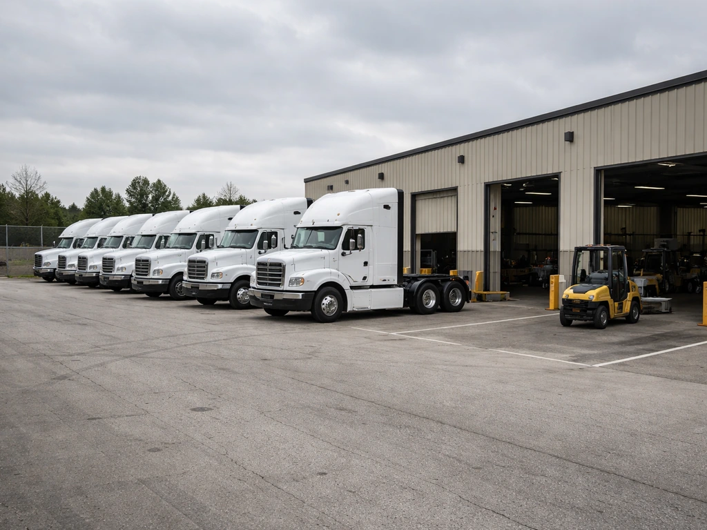 Overcast photo of a quiet truck leasing yard with parked semi-trucks and a service building in the background.