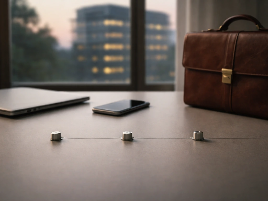 Minimal desk scene with a briefcase and three blank metallic milestone markers connected by fine thread.