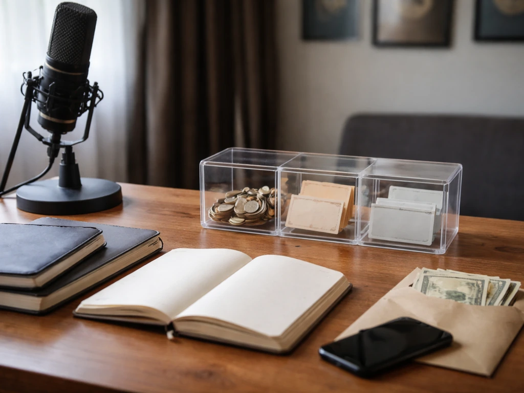 Minimal music-studio desk scene with microphone, vinyl, and cash tokens symbolizing income drivers and uncertainty.