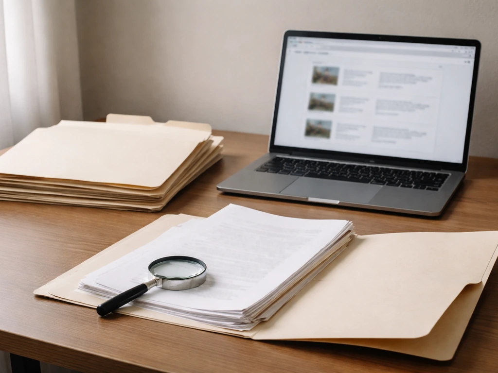 Document-like desk scene with blurred files and search interfaces suggesting missing asset details.