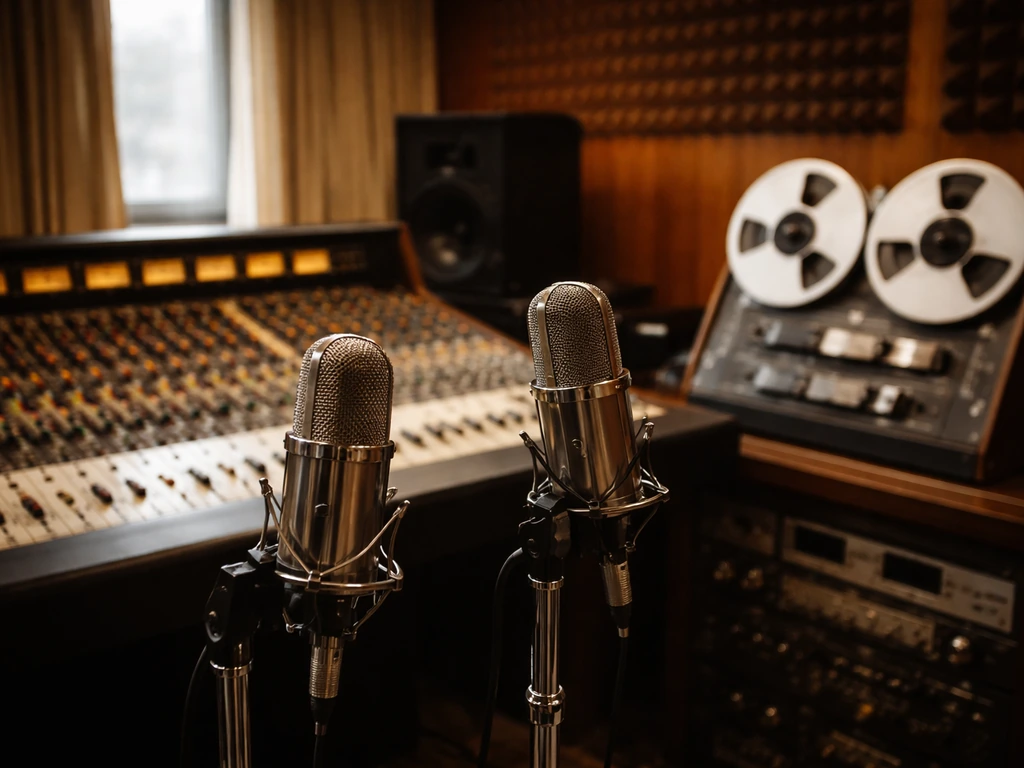 Vintage Los Angeles recording studio scene with a mixing console, tape reels, and retro microphones.