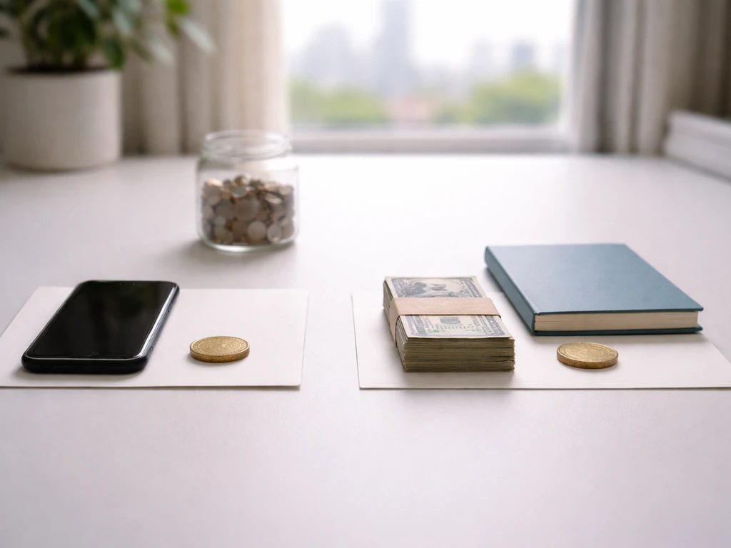 Minimal desk scene with two contrasting money bundles and coins arranged for a net-worth estimate comparison.