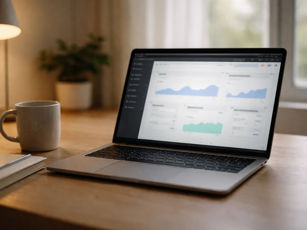 Close-up of a laptop in a quiet home office showing a blurred video analytics monetization-style screen
