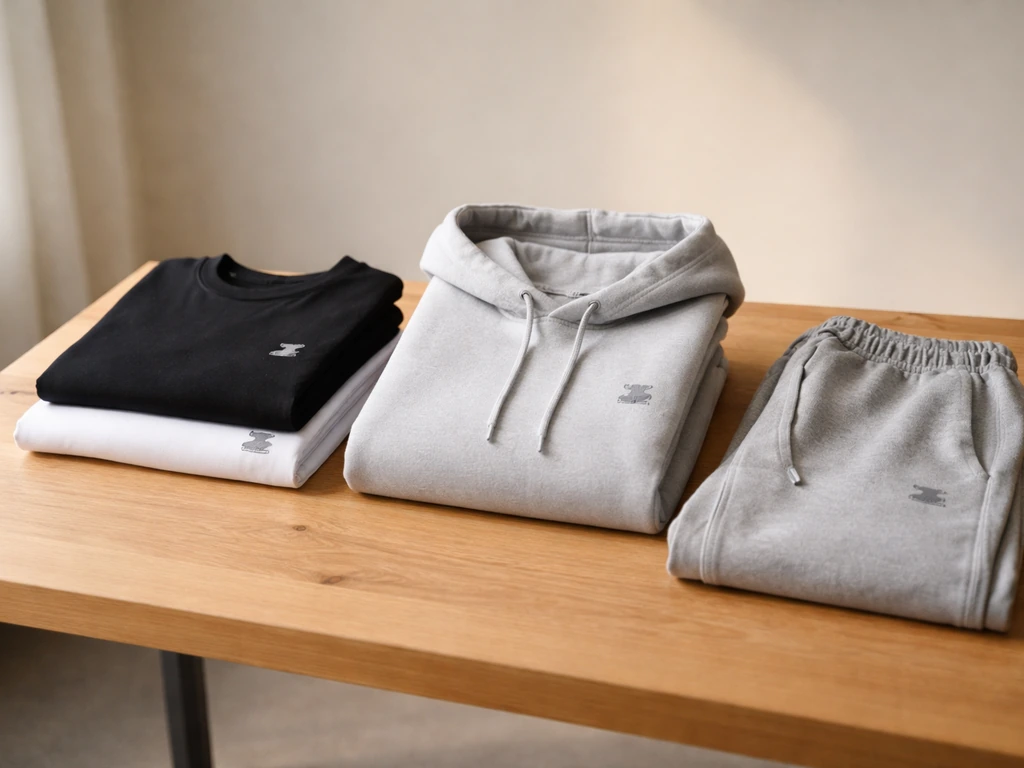 Neatly folded black-and-white t-shirts and a hoodie displayed on a wooden table in soft retail light.