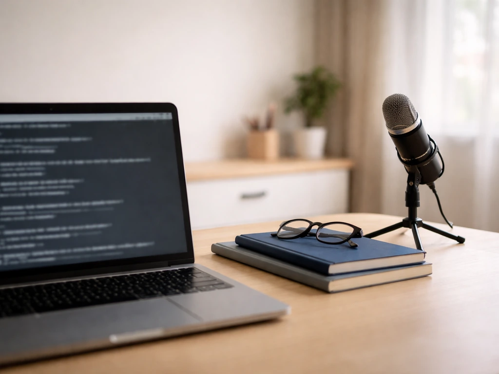 Minimal desk scene with a laptop, notebooks, and a studio microphone symbolizing conflicting valuation methods.