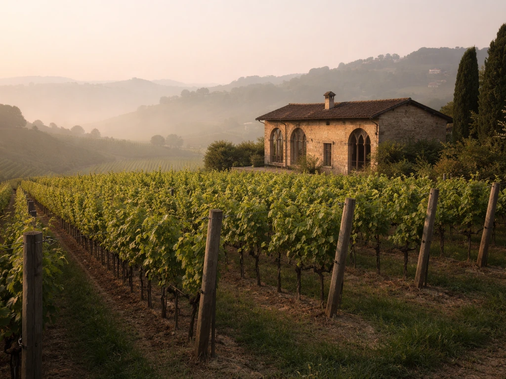 Sunlit Canelli vineyard with a rustic cantina building and rolling Piedmont hills in soft mist.