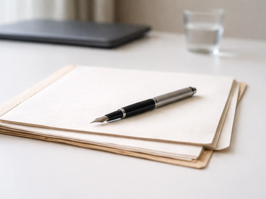 Close-up of UK-style share paperwork and a fountain pen on a clean office desk, suggesting private holdings
