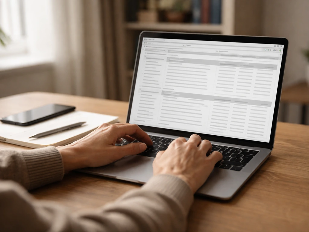 Person using a laptop with generic search tabs to research finance information in a quiet office.