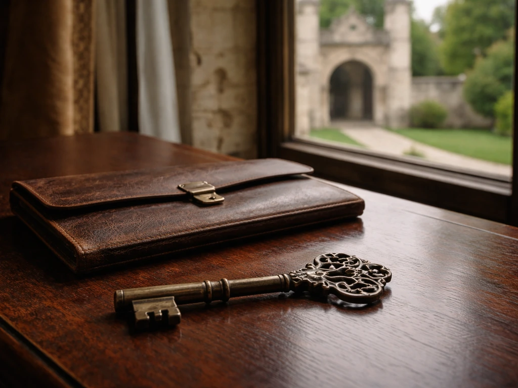 Antique key and leather portfolio on a desk with a softly blurred castle courtyard in view.