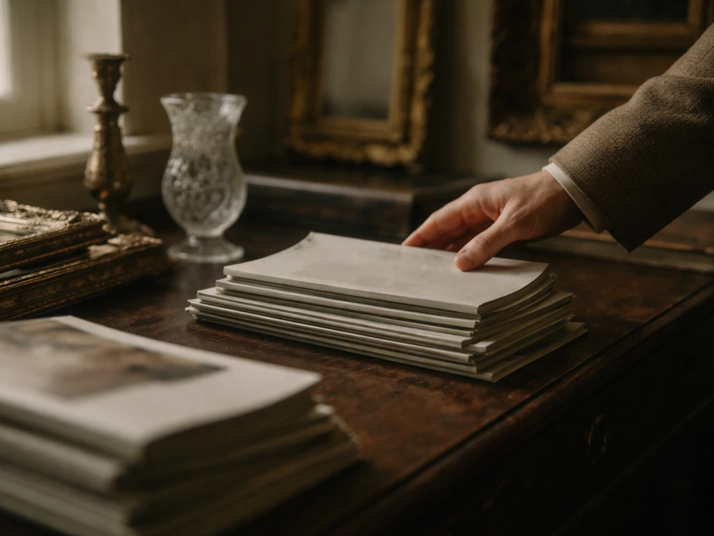 Dim dealer workspace with ornate antiques and stacked auction catalogs, suggesting decades of art dealing