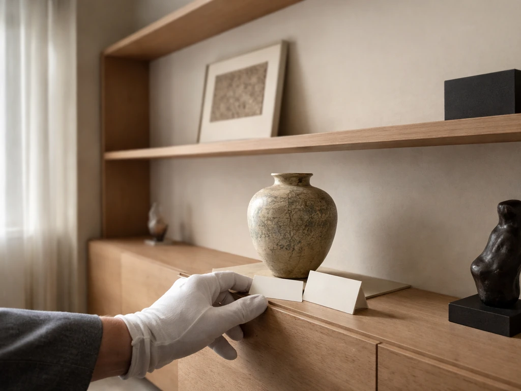 Museum-like archive room with curated objects on display shelves and a hand arranging provenance cards