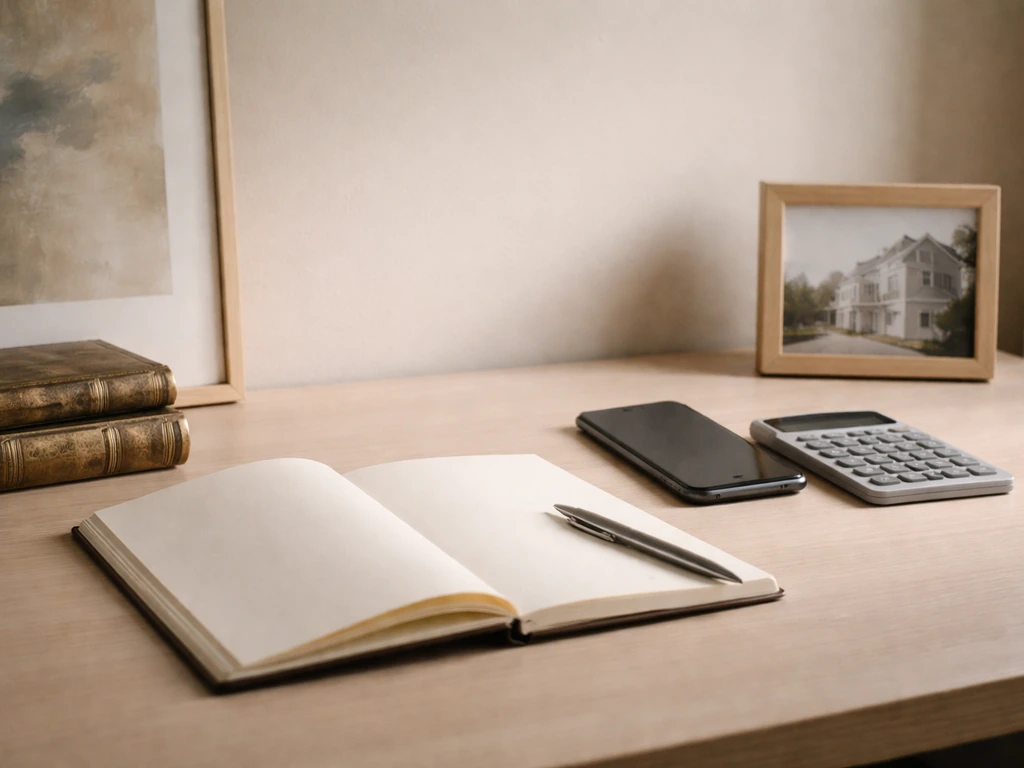 Minimal photo of a desk with framed art and a notebook beside a calculator, symbolizing asset valuation