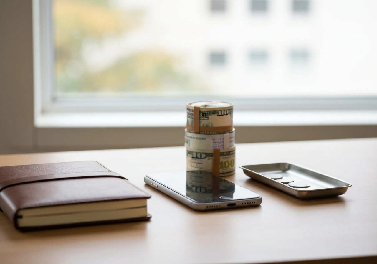 Minimal desk scene with a closed notebook and cash, symbolizing an estimated net worth range.