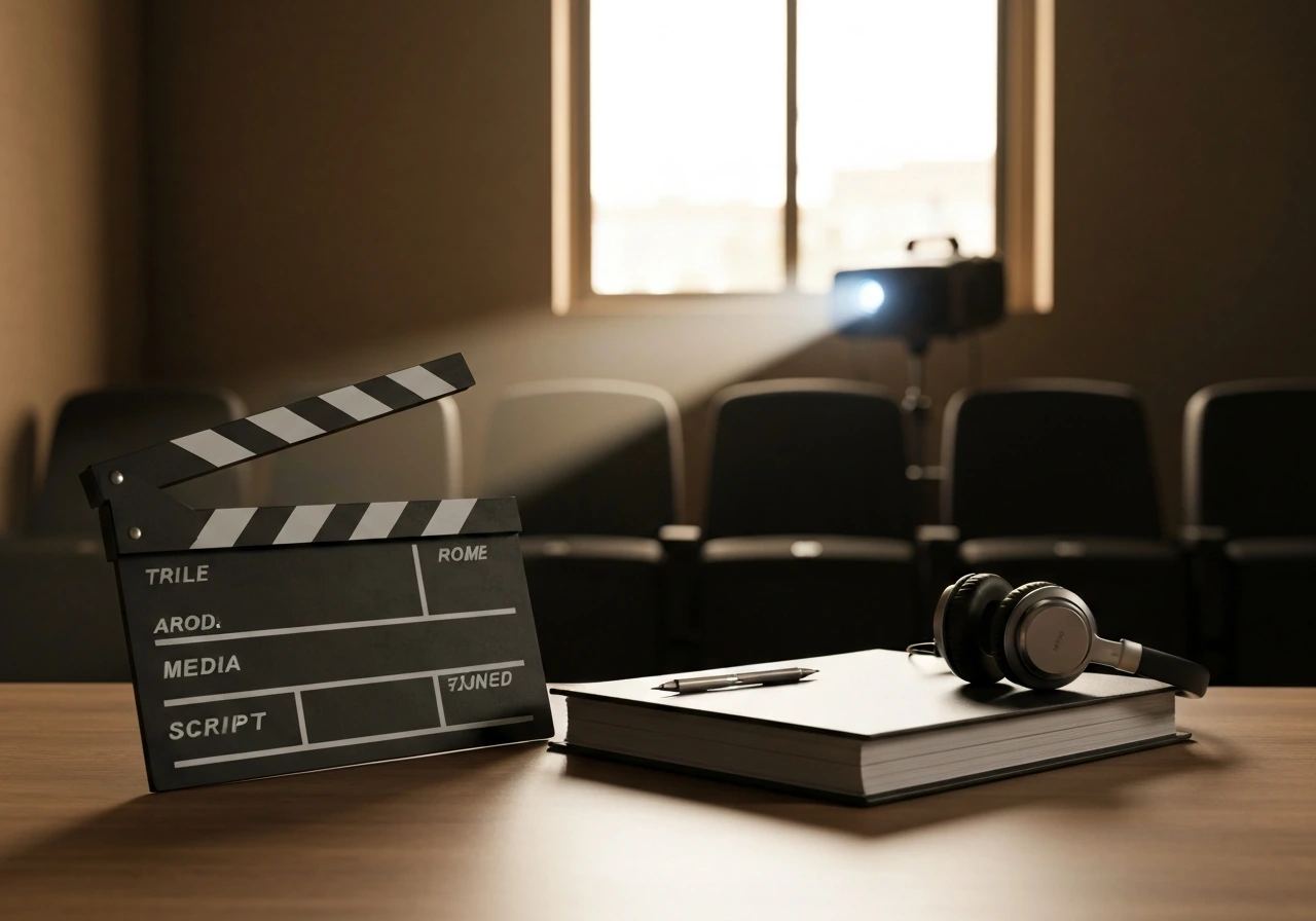 Empty film clapboard, script binder, and headphones on a desk with a softly lit theater background.