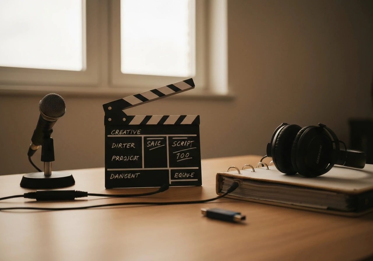 Minimal filmmaker desk with clapperboard, script binder, headphones, and microphone symbolizing creative ownership.