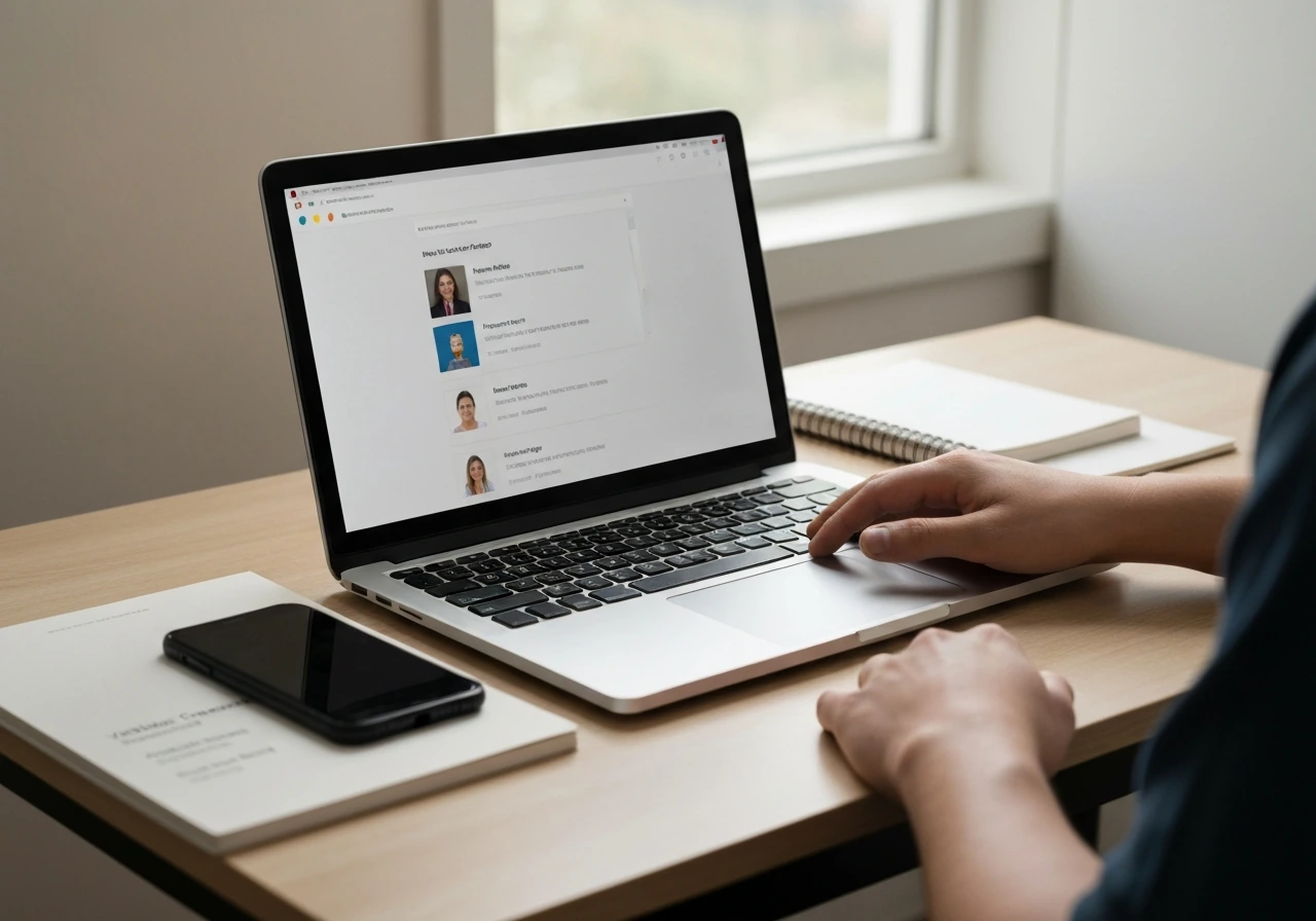 Person in a home office reviewing a laptop screen with an open web page about a music publishing registry.
