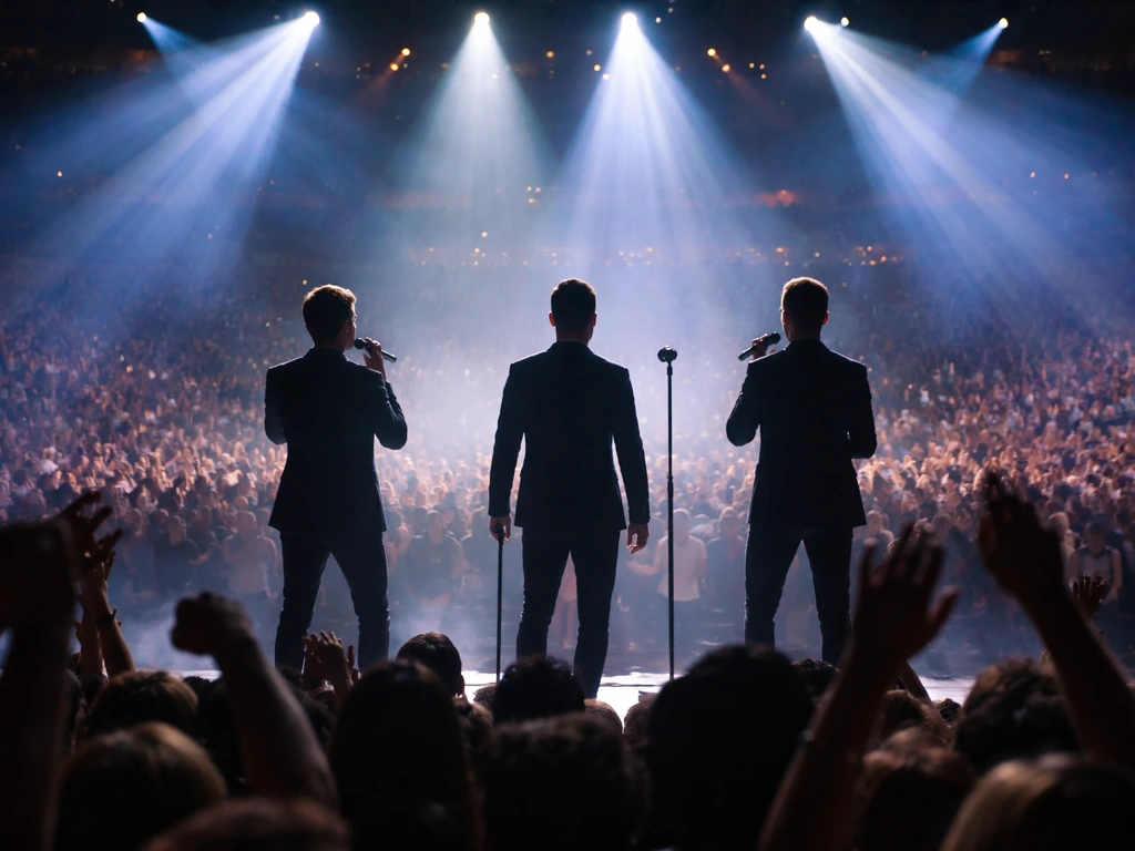 Il Volo-style trio performing onstage in a large arena under colored lights with a cheering crowd
