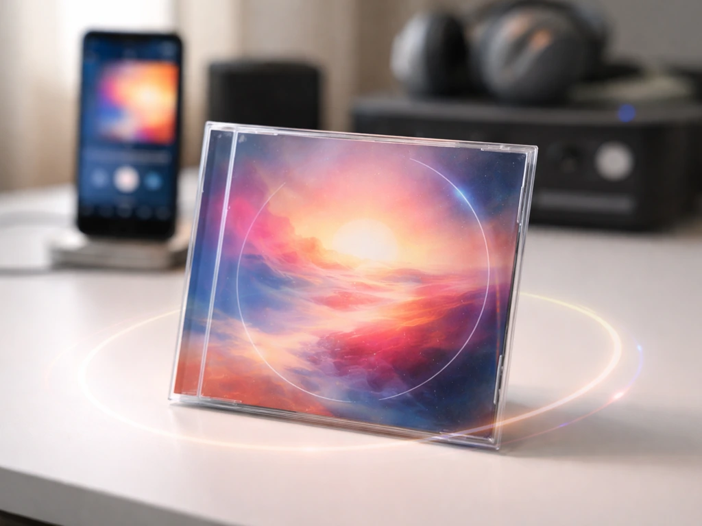 Close-up of a music album on a desk with soft media glow suggesting streaming and royalties